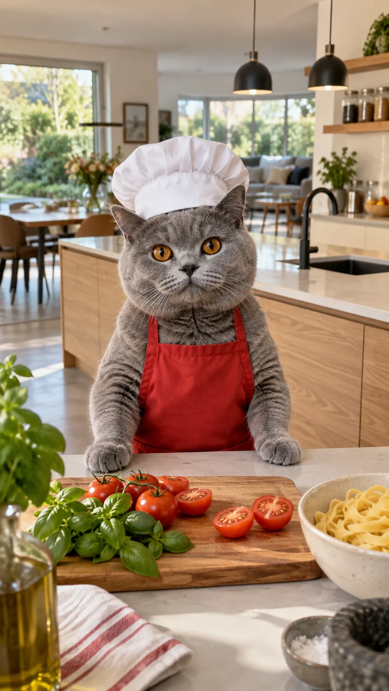 KittyKoch, eine KI-Katze mit Kochmütze und Schürze, hinter ihrer Kochinsel (KI-generiertes Bild)