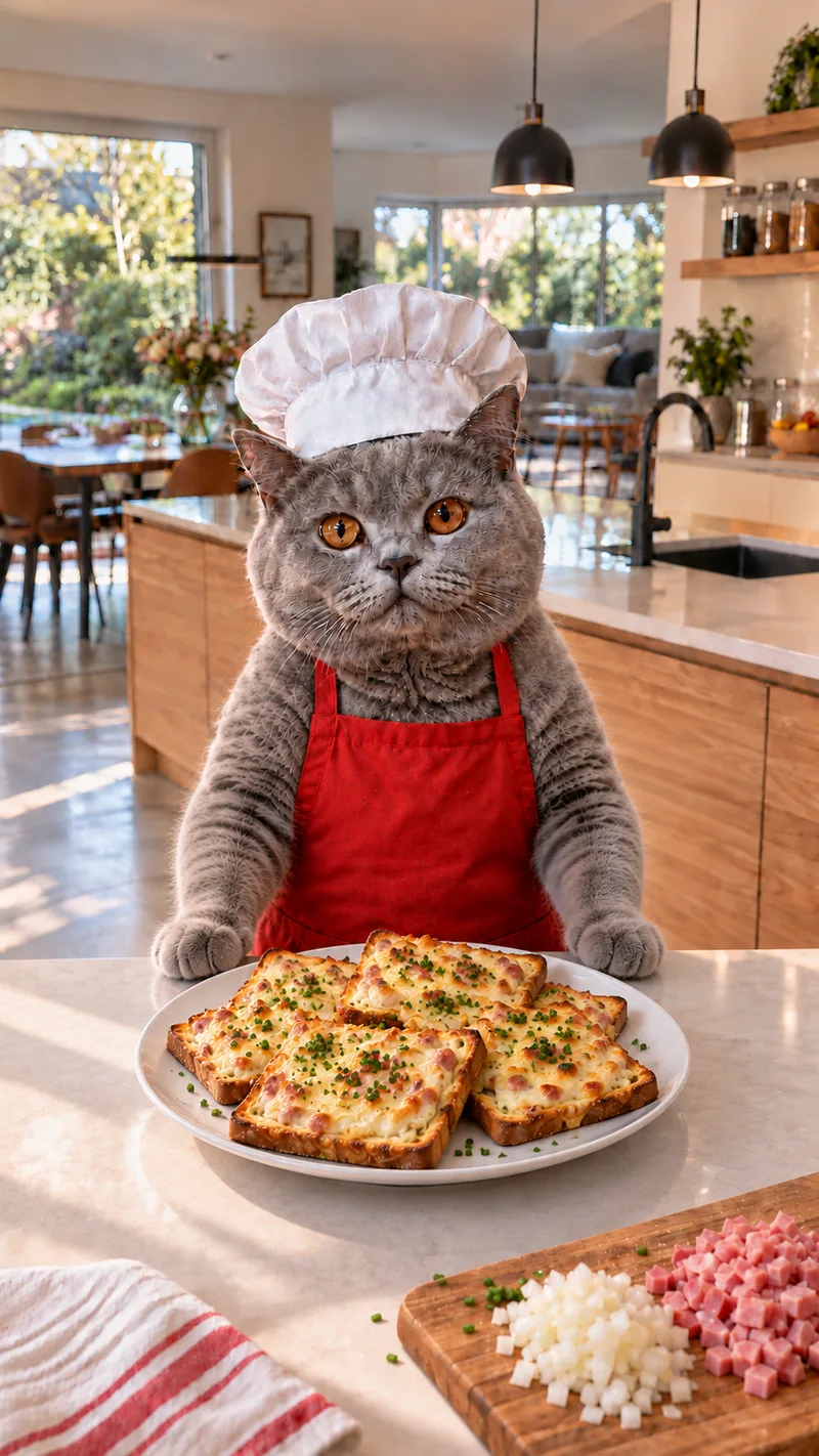 KittyKoch, eine KI-Katze mit Kochmütze, mit dem fertigen Gericht: Flammkuchen-Toast (KI-generiertes Bild)