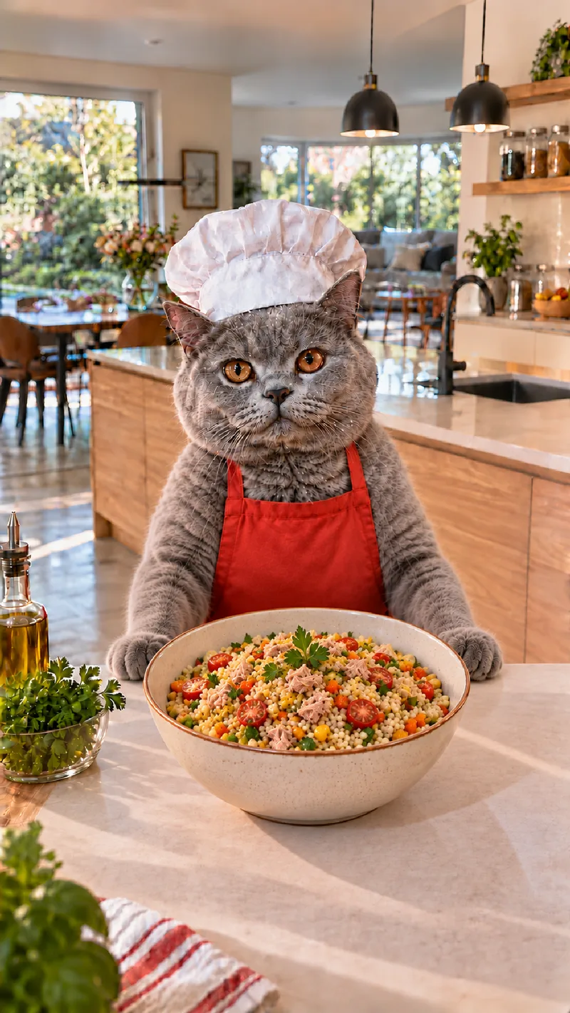KittyKoch, eine KI-Katze mit Kochmütze, mit dem fertigen Gericht: Couscous-Salat mit Thunfisch (KI-generiertes Bild)
