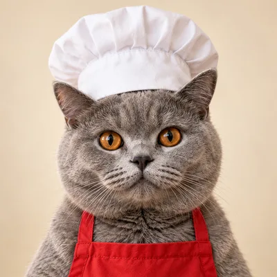 Porträt von KittyKoch, einer KI-Katze mit weißer Kochmütze (KI-generiertes Bild)